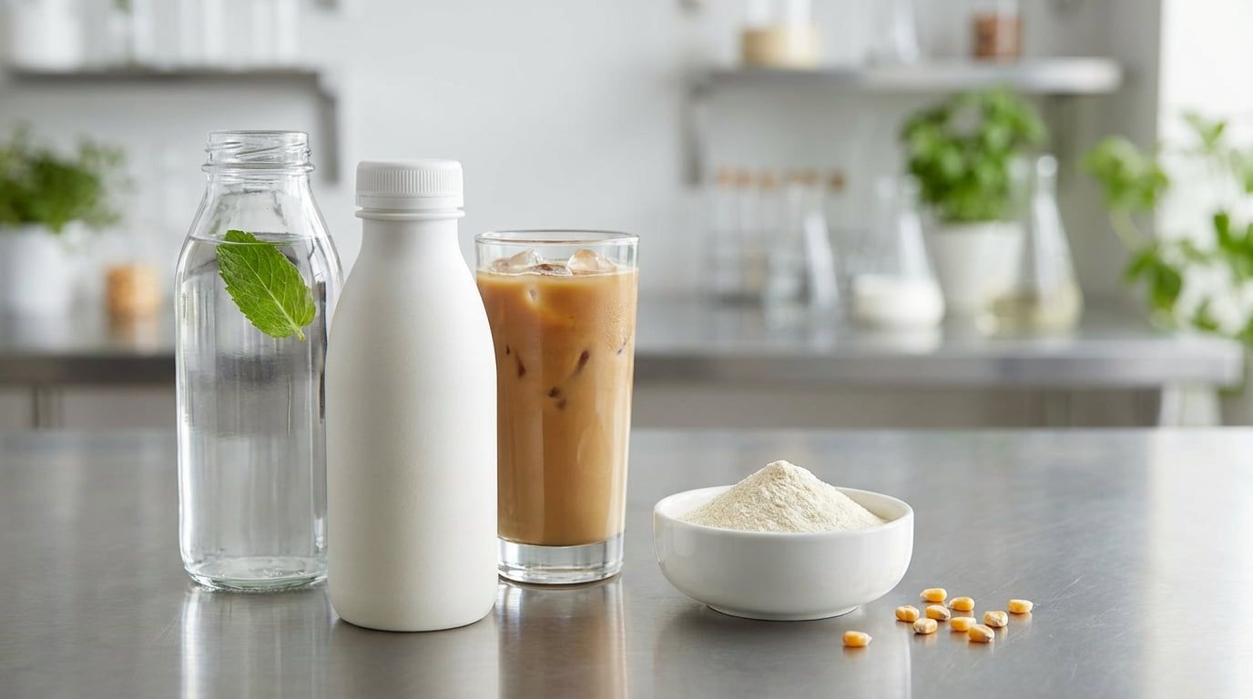Eine dynamische Komposition verschiedener trinkfertiger Getränke wie Ballaststoffwasser, Proteinshakes und RTD-Kaffee, die optisch mit dem resistenten Dextrinpulver verbunden sind.