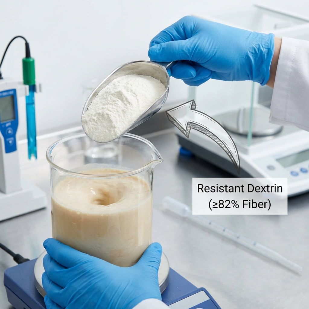 Eine Nahaufnahme zeigt einen Lebensmittelwissenschaftler, der im Labor einen protein- und ballaststoffreichen Shake herstellt und dabei resistentes Dextrinpulver zur Mischung hinzufügt.