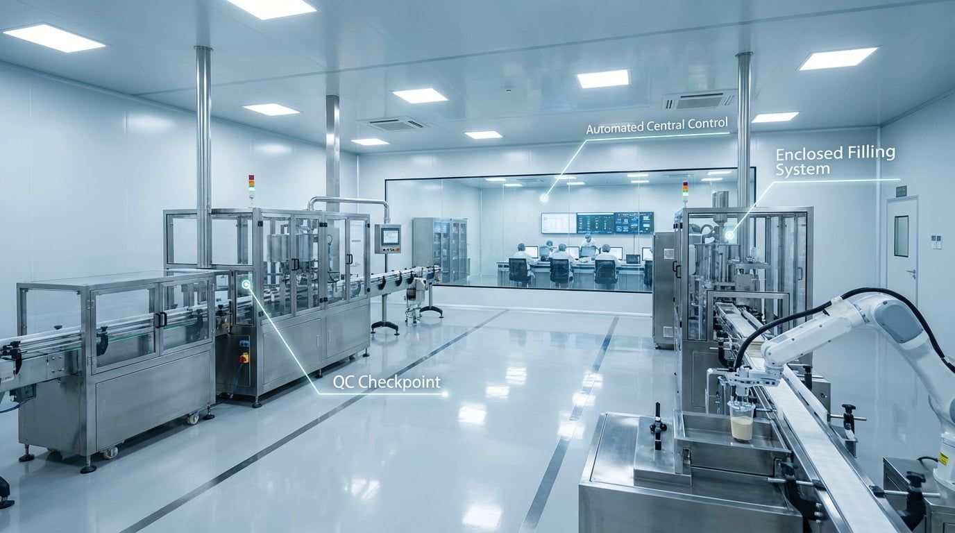 Línea de producción automatizada de fibra GMP con estaciones de control de calidad