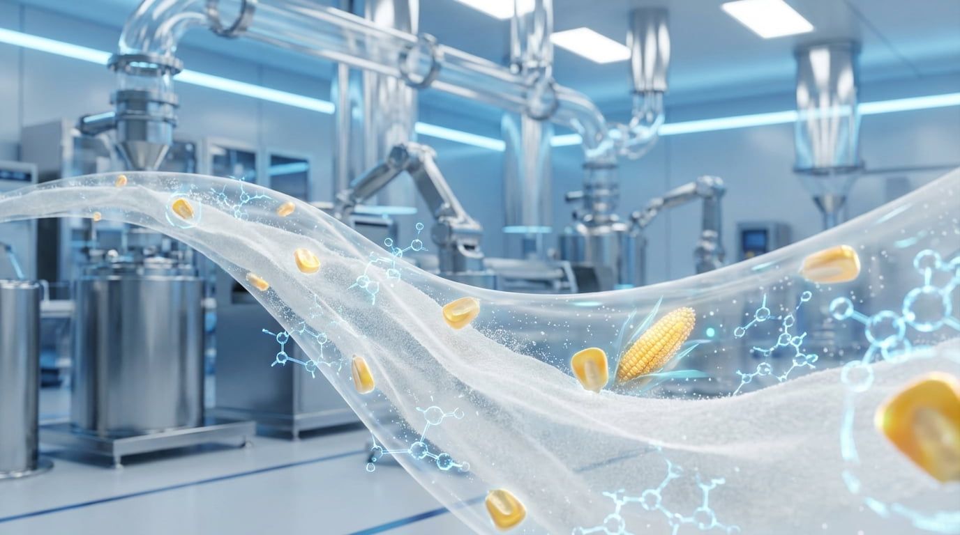 Eine futuristische Konzeptgrafik, die die Technologietrends des Jahres 2026 in der Lieferkette für resistentes Dextrin darstellt.