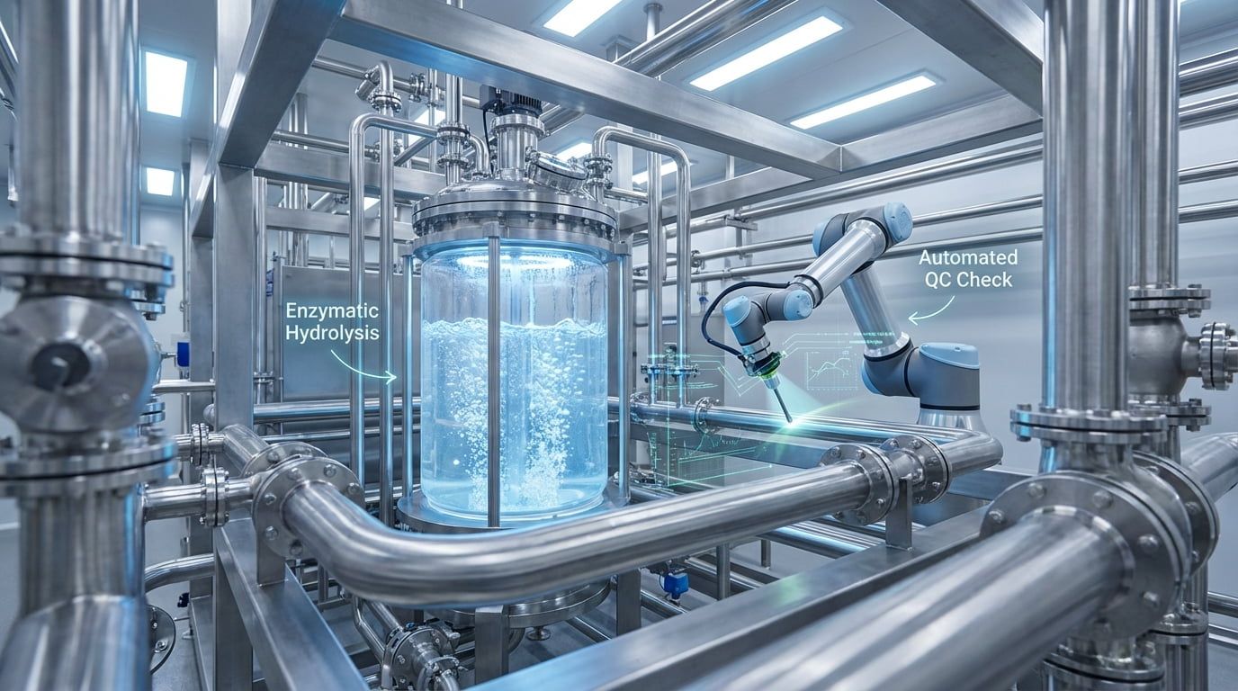 Ein immersiver Einblick in eine automatisierte Lebensmittelzutatenfabrik, der enzymatische Hydrolyse-Bioreaktoren zeigt.