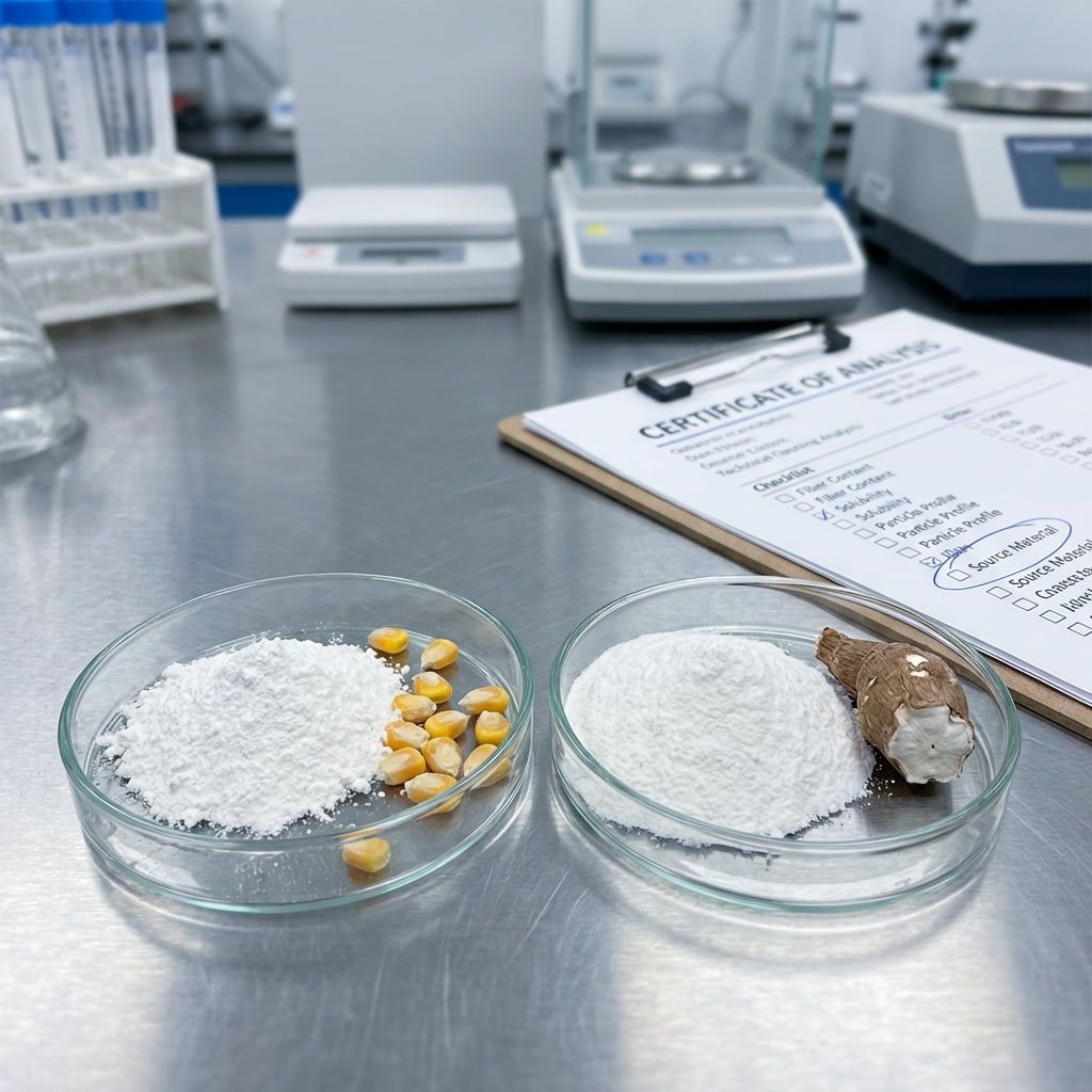 Un gros plan immersif comparant des poudres de dextrine résistante dérivées du maïs et du tapioca dans un laboratoire de contrôle qualité.