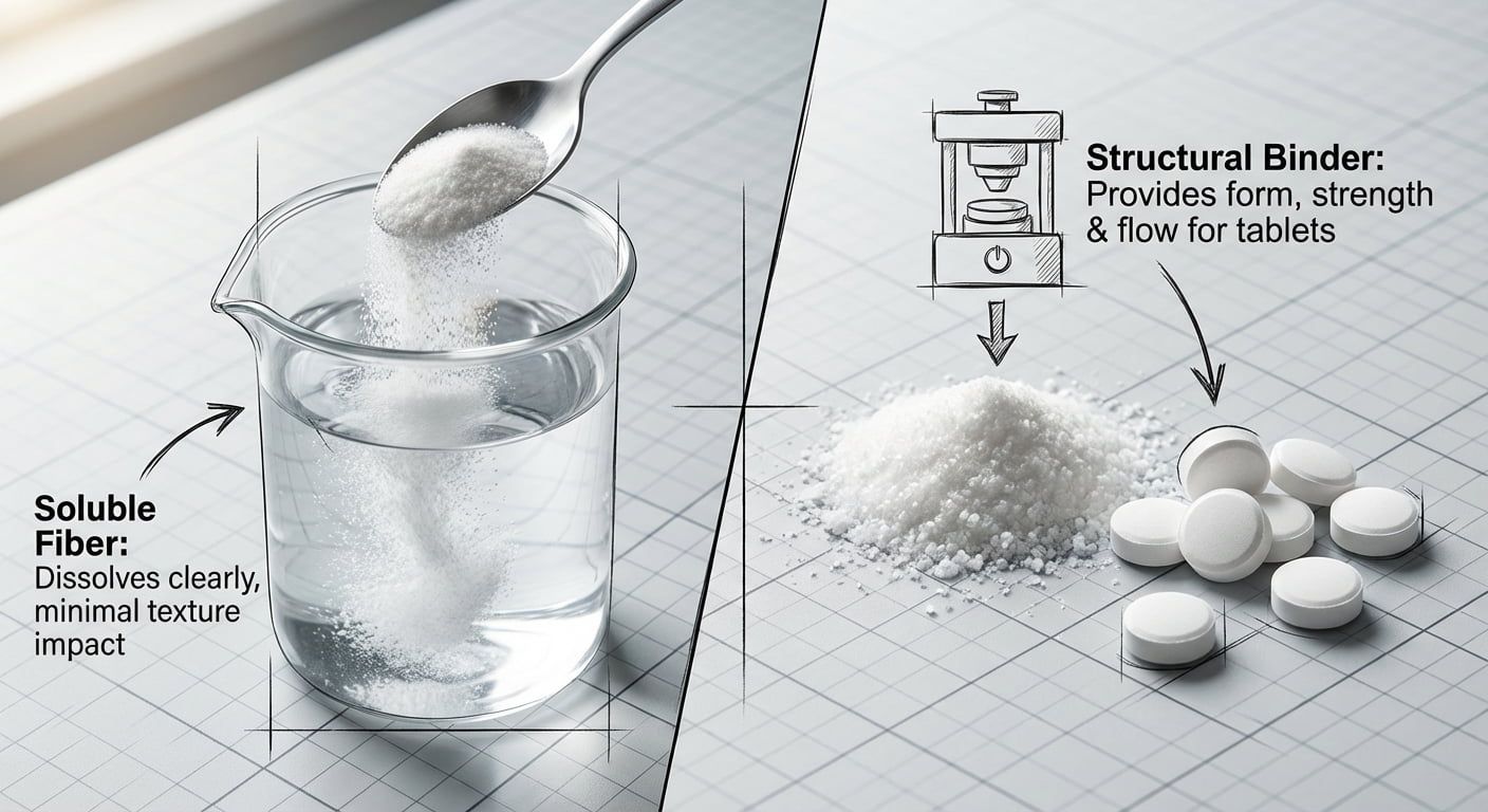 Una comparación visual que muestra la dextrina resistente disolviéndose en un líquido para obtener fibra soluble.