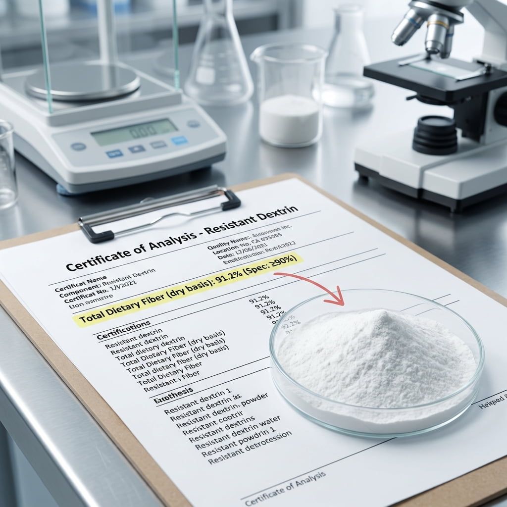 Laboratório de controle de qualidade verificando o certificado de análise da dextrina resistente.