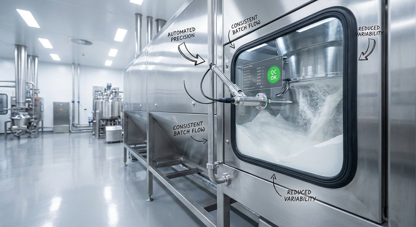 Linha de produção automatizada que reduz o custo total de propriedade na fabricação de ingredientes.