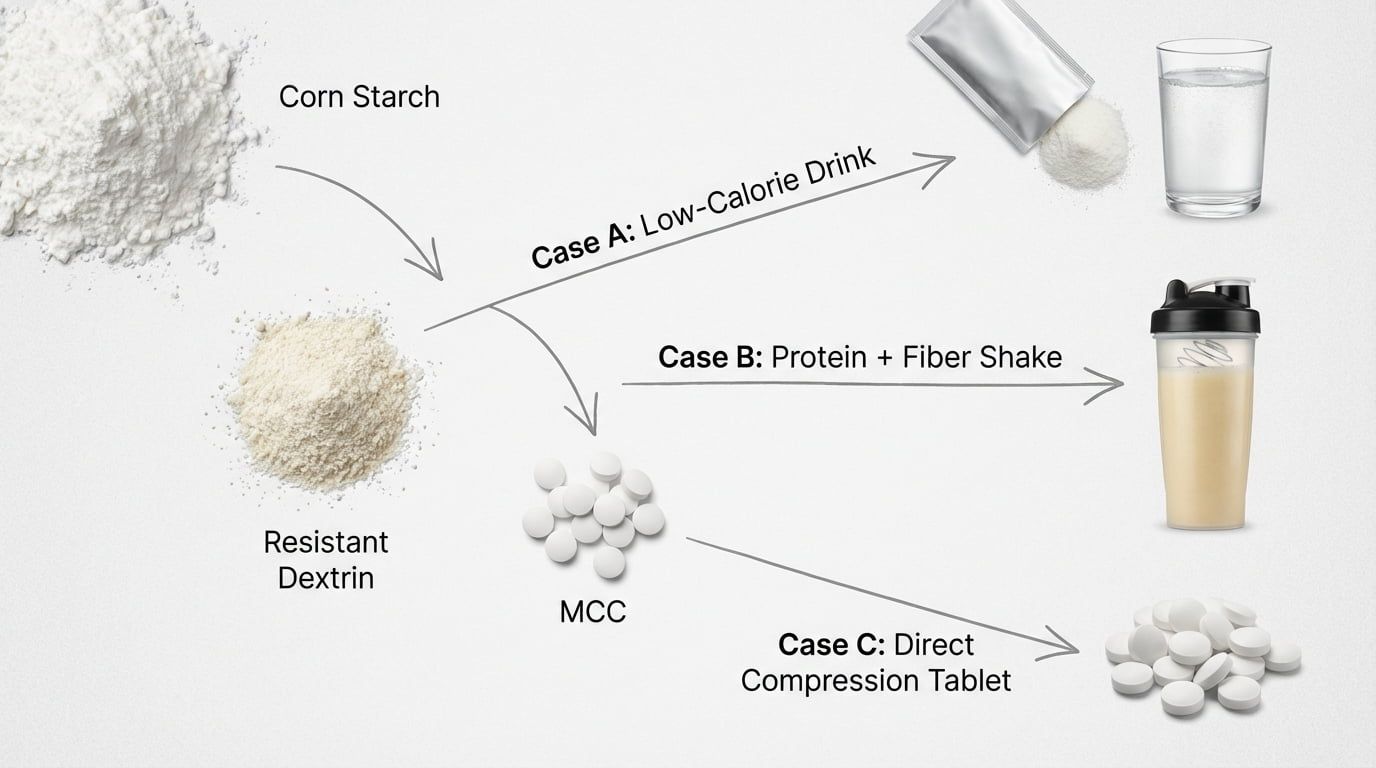 Infografik zur Verarbeitung von Maisstärke zu resistentem Dextrin und MCC