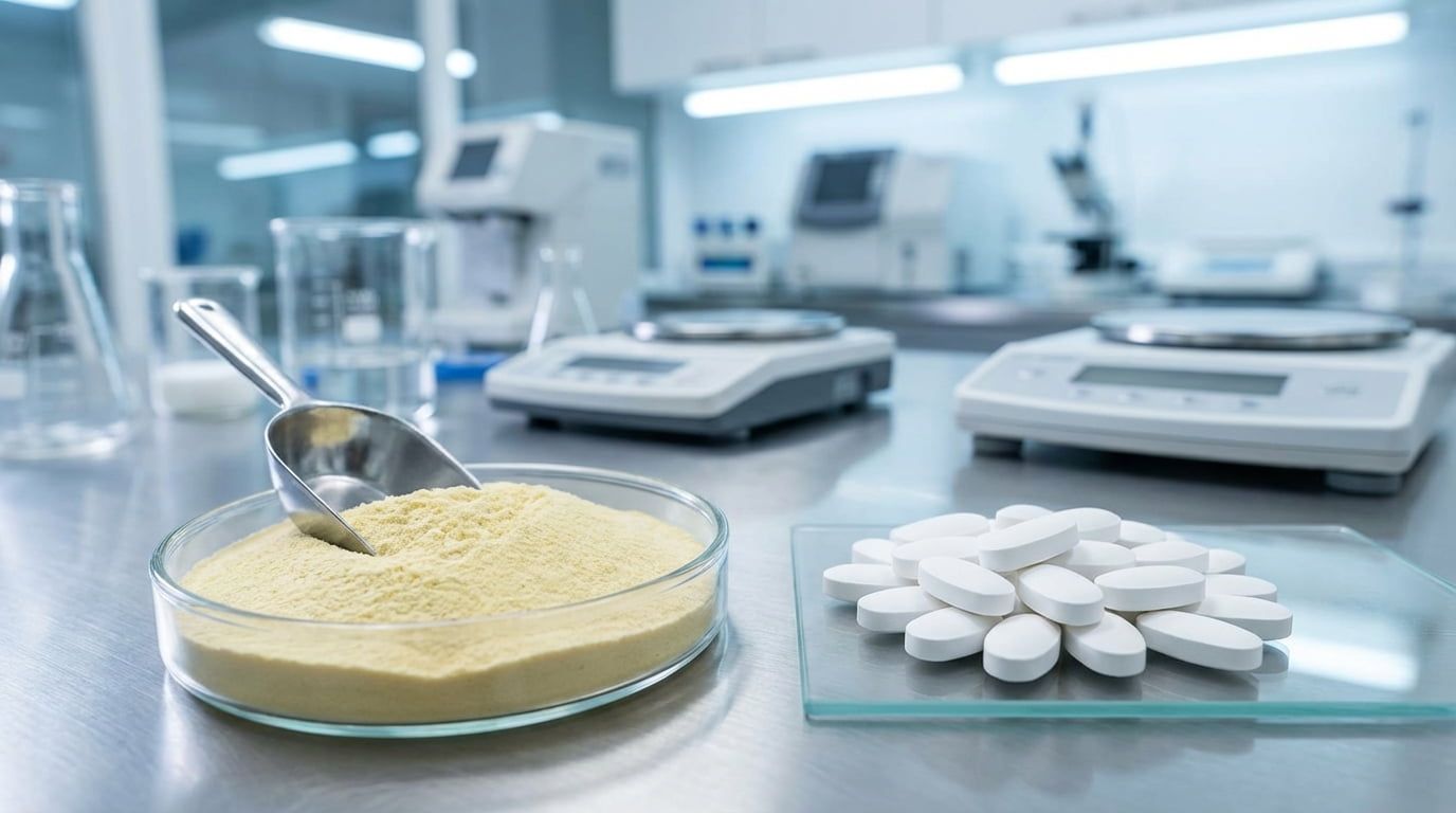 Eine professionelle Split-View-Aufnahme von resistentem Dextrinpulver und MCC-Tabletten in einer Qualitätskontrolllaborumgebung
