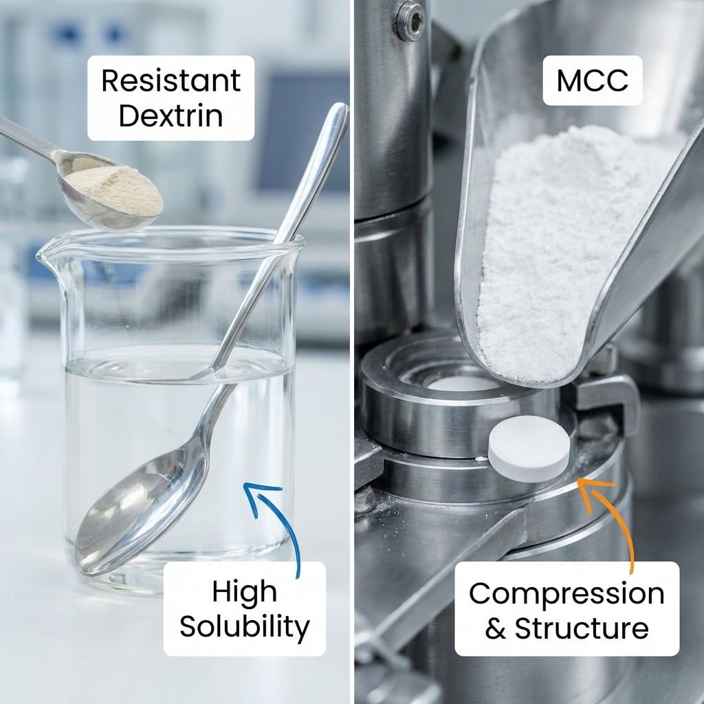 Ein visueller Vergleich zeigt, wie sich resistentes Dextrin in einem Getränk auflöst und wie MCC zu Tabletten verpresst wird