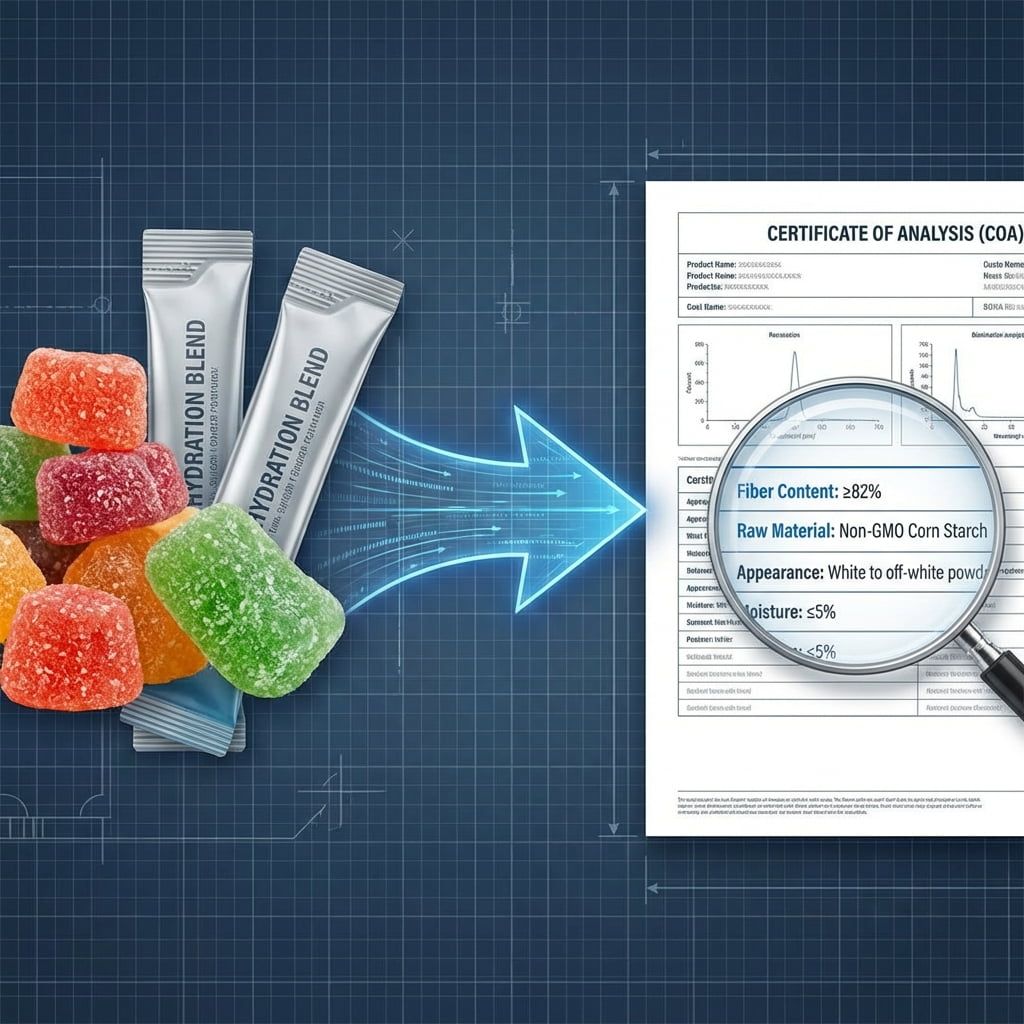 Eine Illustration, die den Prozess der Umwandlung eines Konsumproduktkonzepts, wie zum Beispiel Gummibärchen, in ein detailliertes technisches Datenblatt für einen Lieferanten veranschaulicht.