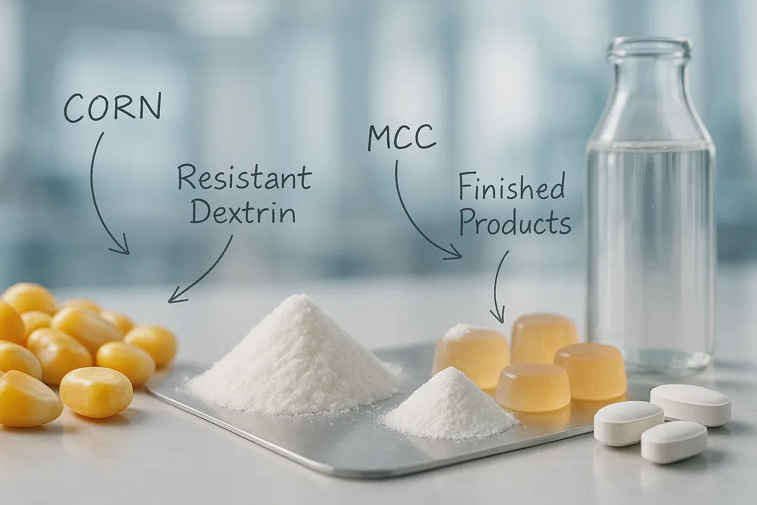 Eine konzeptionelle Abbildung, die den Weg von resistentem Dextrin und MCC von Rohstoffen zu fertigen Produkten wie Getränken, Süßwaren und Tabletten veranschaulicht.