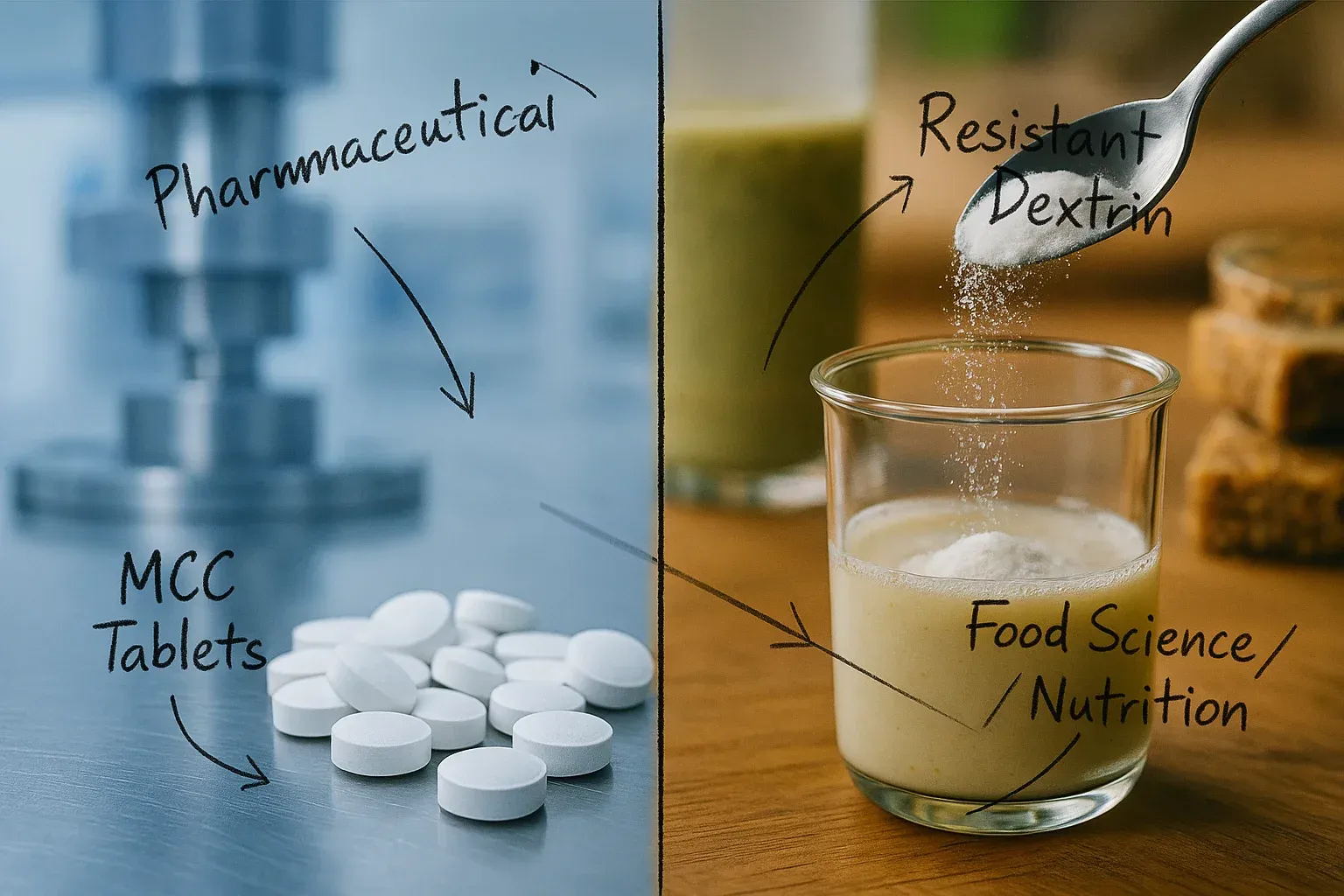 Comparación de tabletas farmacéuticas MCC con aplicaciones de polvo de dextrina resistentes a la ciencia alimentaria