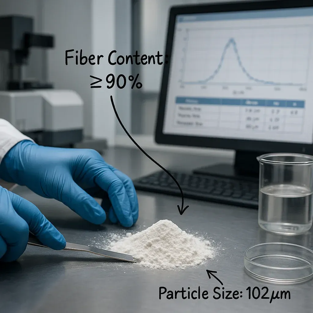 Un primer plano de un técnico en un laboratorio de control de calidad que prueba una muestra de polvo blanco de dextrina resistente.