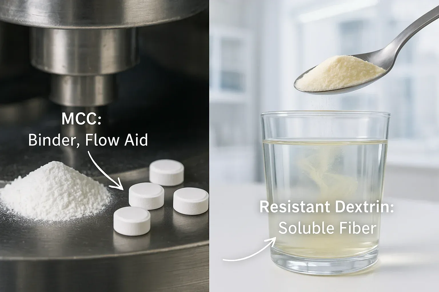 Ein geteiltes Bildschirmbild zeigt MCC, das in pharmazeutischen Tabletten verwendet wird, und resistentes Dextrin, das sich in einem Getränk auflöst, und hebt so deren unterschiedliche Anwendungsgebiete hervor.