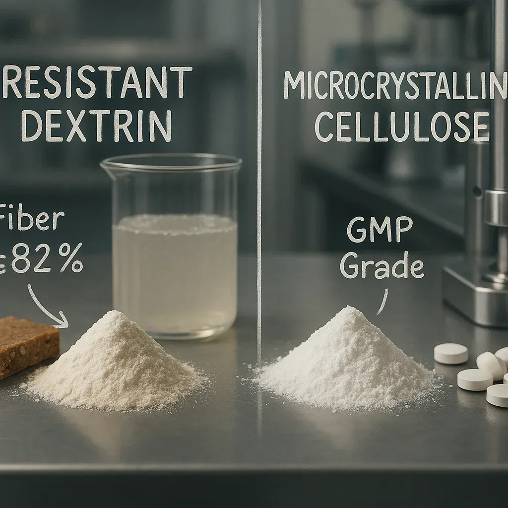 Una comparación visual de los controles de calidad para dextrina resistente y celulosa microcristalina en un entorno de laboratorio.