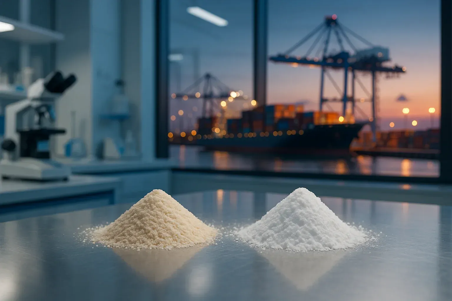 Un banner conceptual para las perspectivas de 2026 sobre el abastecimiento de dextrina resistente y celulosa microcristalina de China, que muestra un laboratorio moderno y una cadena de suministro global.