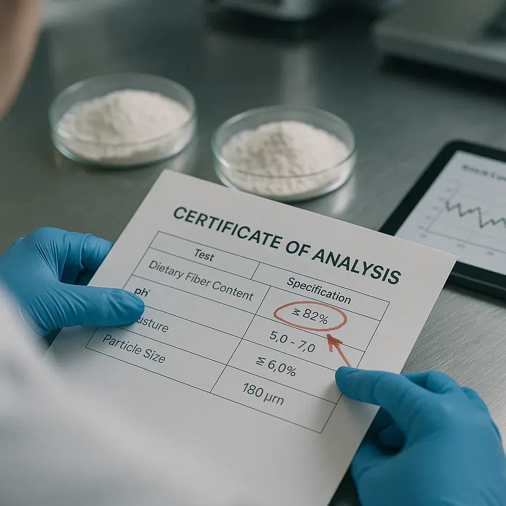 Un experto con bata de laboratorio analiza un Certificado de Análisis COA para dextrina resistente