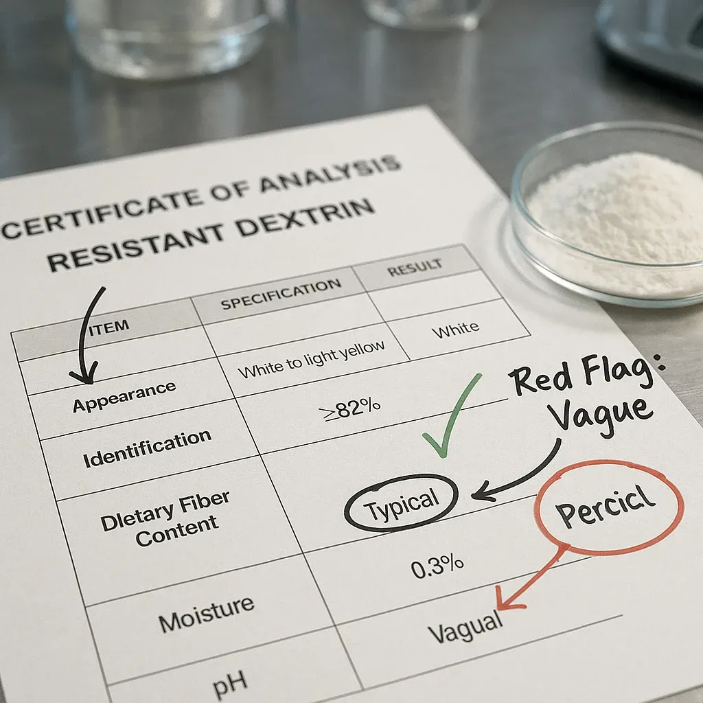 Abbildung eines Analysezertifikats (COA) für resistentes Dextrin, das im Rahmen der Qualitätskontrolle analysiert wird.
