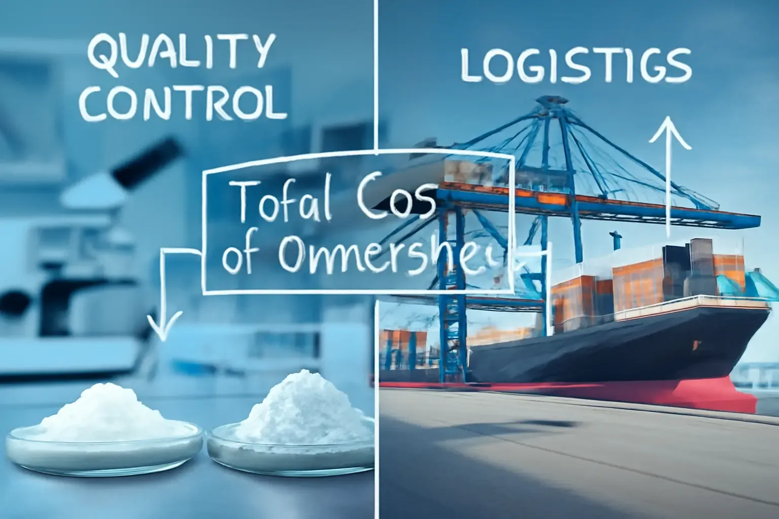 Ein konzeptionelles Banner, das eine geteilte Ansicht eines modernen Labors für die Zutatenanalyse und eines globalen Logistiknetzwerks zeigt.