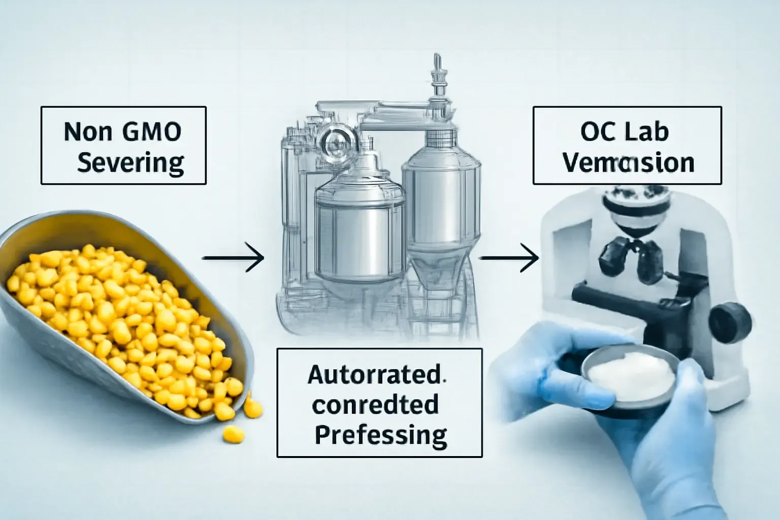 Una infografía que ilustra las señales de calidad clave para obtener fibra dietética de China, desde materias primas de maíz no transgénico hasta la producción automatizada y la verificación del laboratorio de control de calidad.