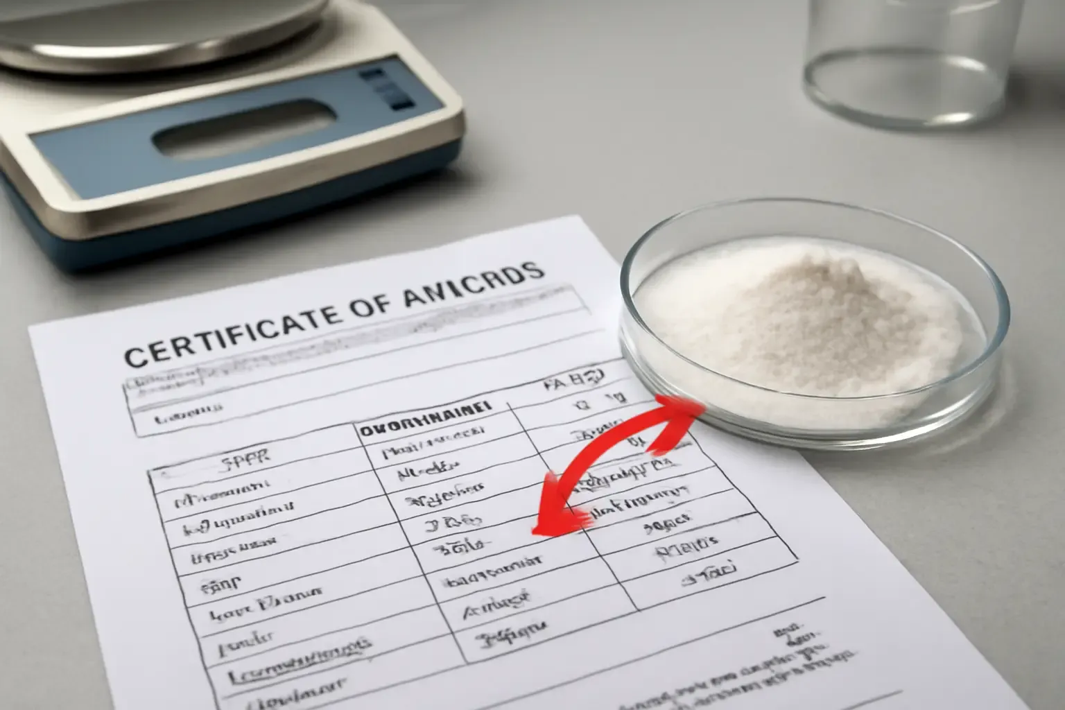 Eine Nahaufnahme eines Analysezertifikats (COA) für eine Lebensmittelzutat, die das Verständnis der Spezifikationen veranschaulicht.
