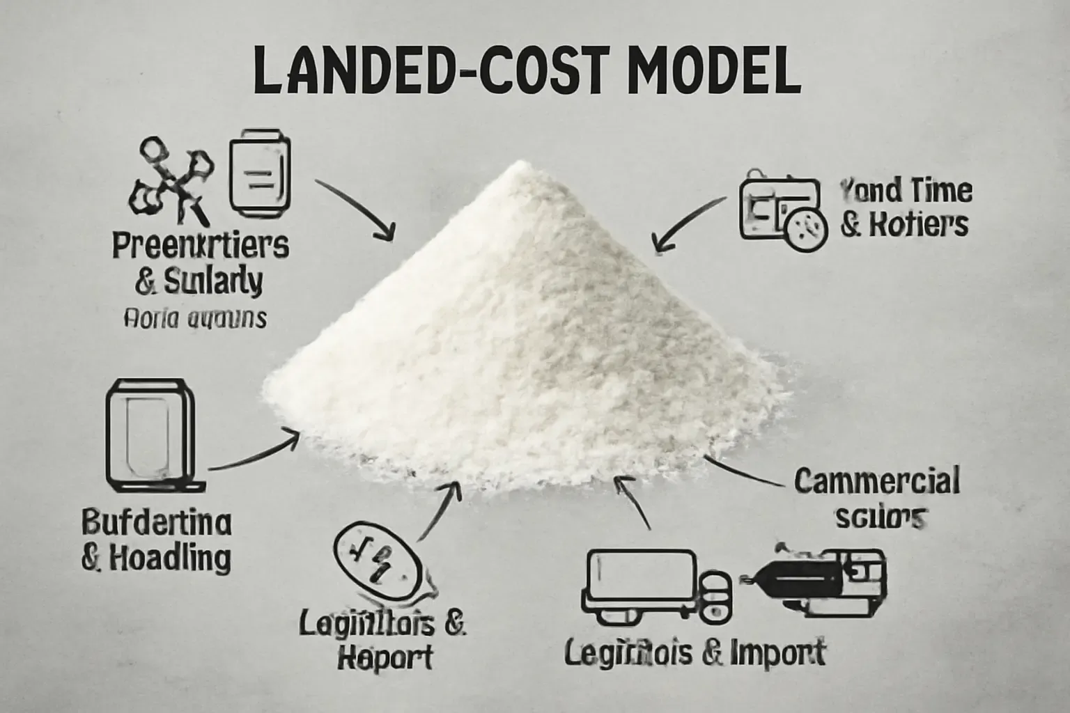 Eine Infografik, die das Landed-Cost-Modell für resistentes Dextrin aufschlüsselt und die Kosten für Produktspezifikation, Verpackung, Logistik und Zeitaufwand darstellt.