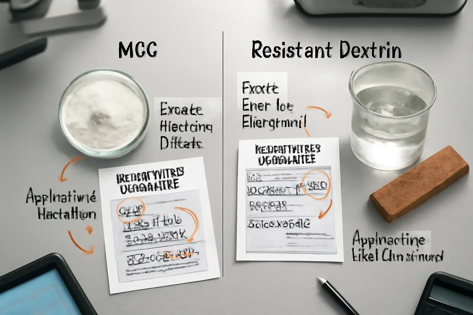 Comparación de especificaciones clave de control de calidad para MCC y dextrina resistente