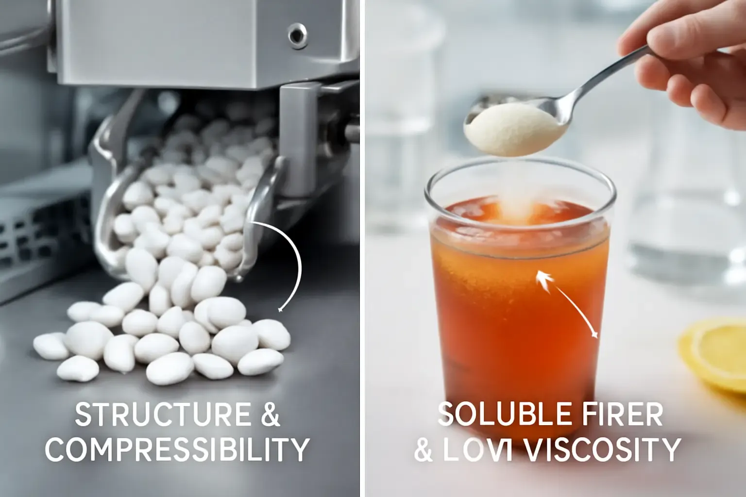 Una imagen dividida que ilustra la diferencia funcional entre la celulosa microcristalina para la estructura de las tabletas y la dextrina resistente para la fibra soluble en las bebidas.