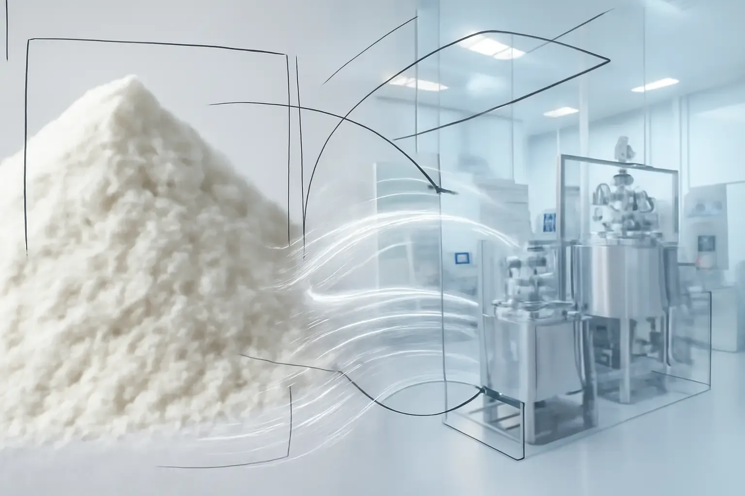 Una imagen conceptual de la tendencia Fibermaxxing, que muestra una vista dividida de un polvo de fibra dietética de alta calidad y un laboratorio moderno.