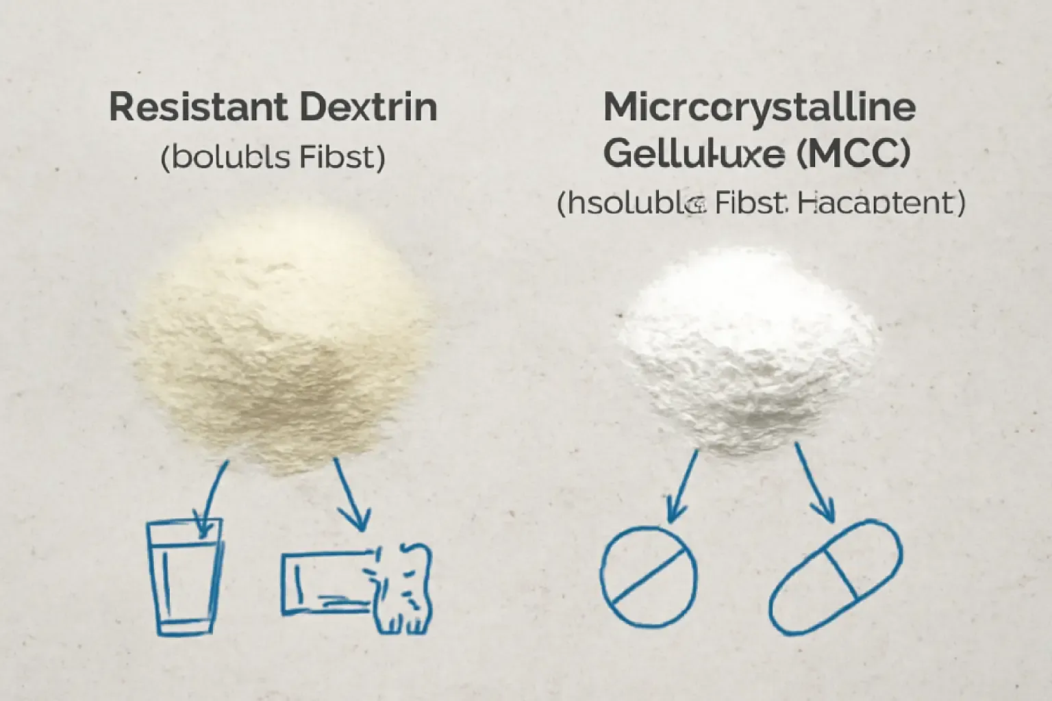 Una imagen de estilo infográfico que ilustra las diferentes aplicaciones de la dextrina resistente y la celulosa microcristalina.