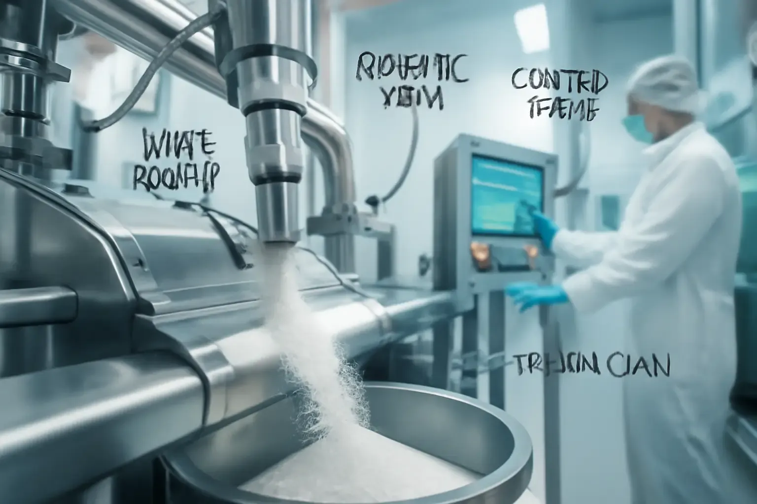 Linha de produção automatizada de ingredientes em conformidade com as Boas Práticas de Fabricação (GMP), garantindo consistência.