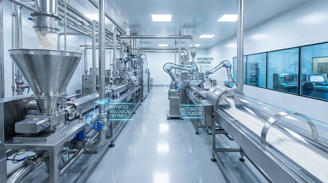 Línea de producción automatizada moderna en una fábrica china de fibra dietética