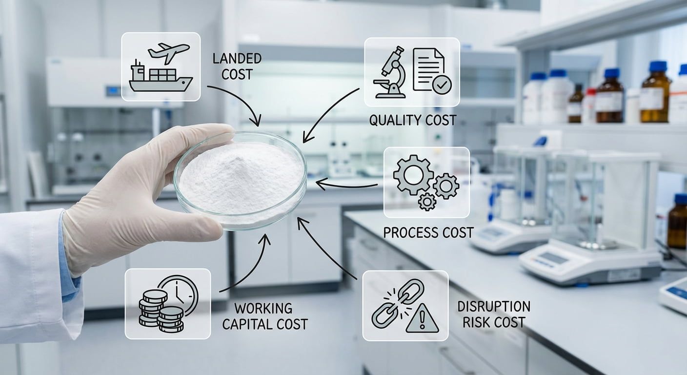 Infographic mô tả mô hình TCO (Tổng chi phí sở hữu) với hình ảnh kỹ thuật viên phòng thí nghiệm và năm hạng mục chi phí: chi phí nhập khẩu, chất lượng, quy trình, vốn lưu động và rủi ro gián đoạn.