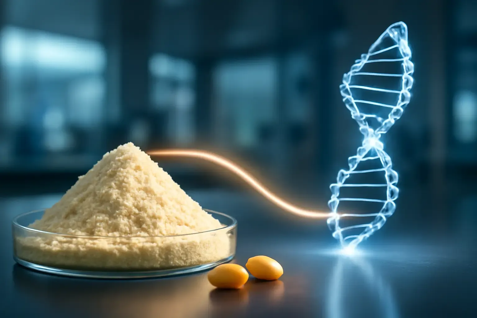 Una imagen conceptual de la tendencia de fibra más proteína de 2026, que muestra un polvo de dextrina resistente y una representación abstracta de la sinergia de proteínas en un entorno de laboratorio moderno.