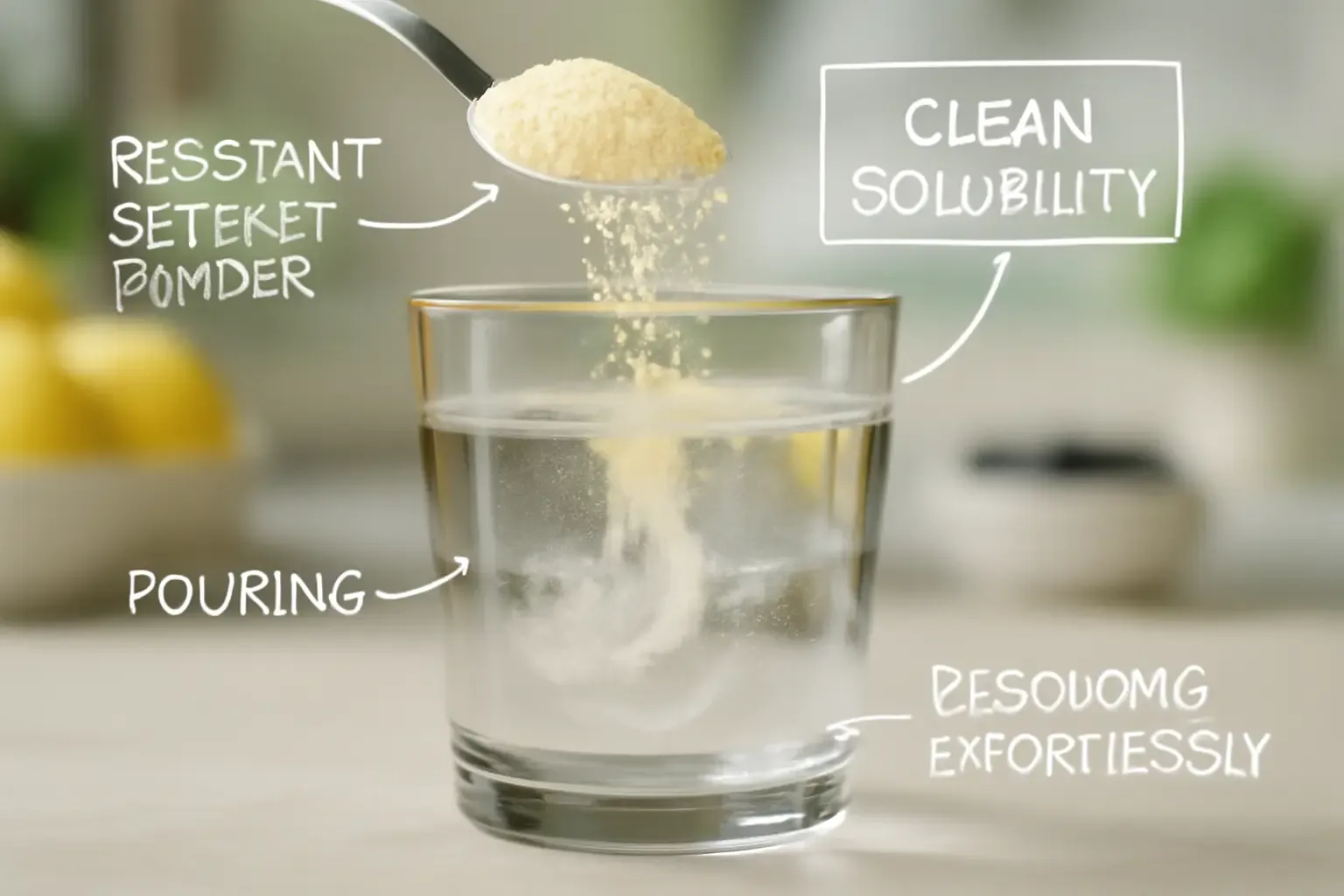 Resistant dextrin powder dissolving cleanly into a glass of water.