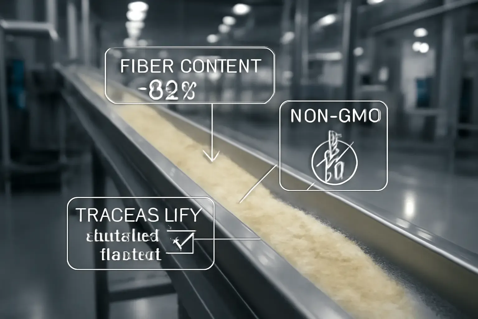 Línea de producción automatizada para fibra de maíz soluble con datos de control de calidad.